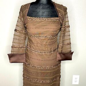 JS Collections Brown Sequin Dress Petite with 3/4 Sleeve Sheer Bolero | Size 8P